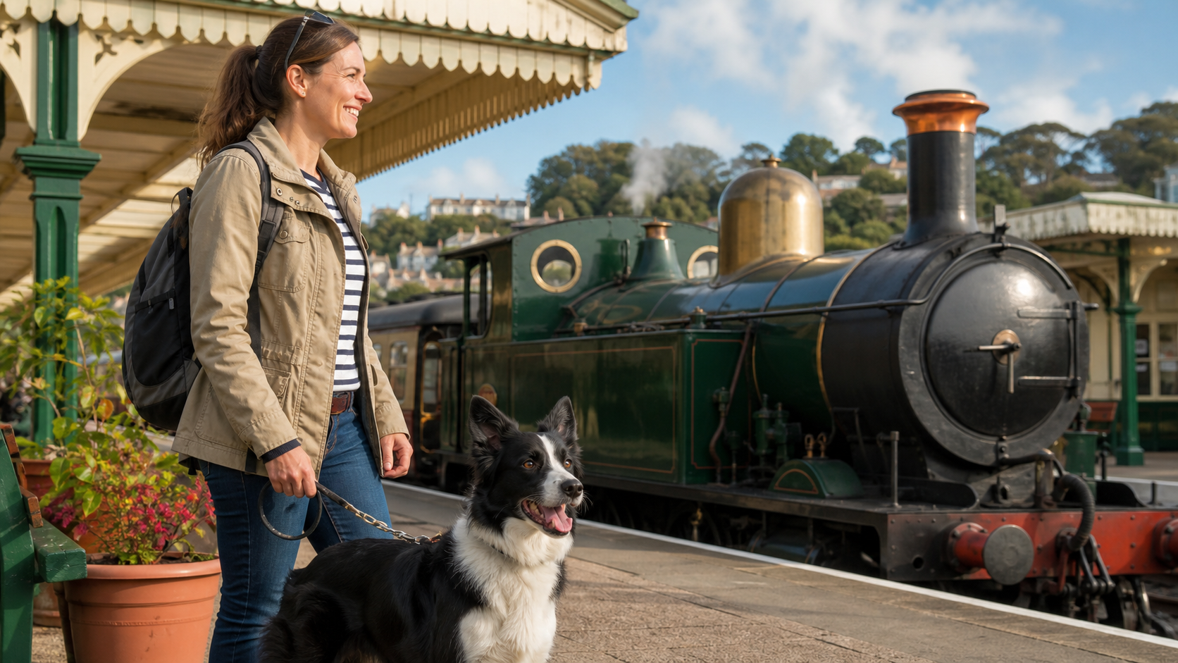 A dog beside a heritage train in Paignton