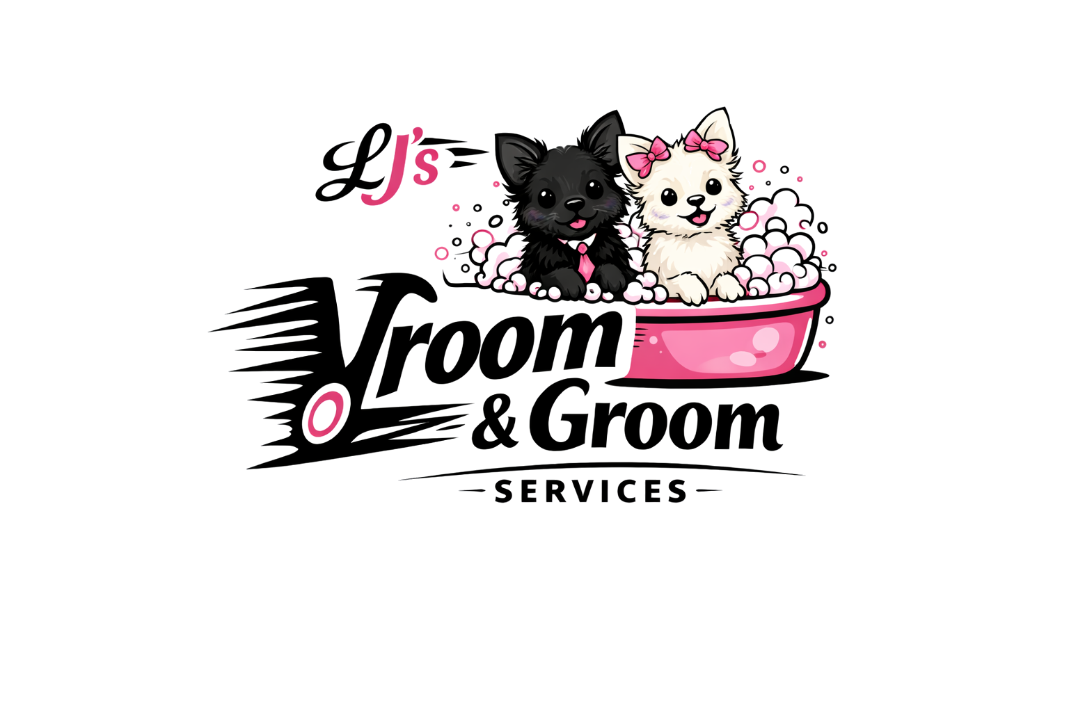 LJ’s Vroom & Groom Services logo with two dogs in a pink bath